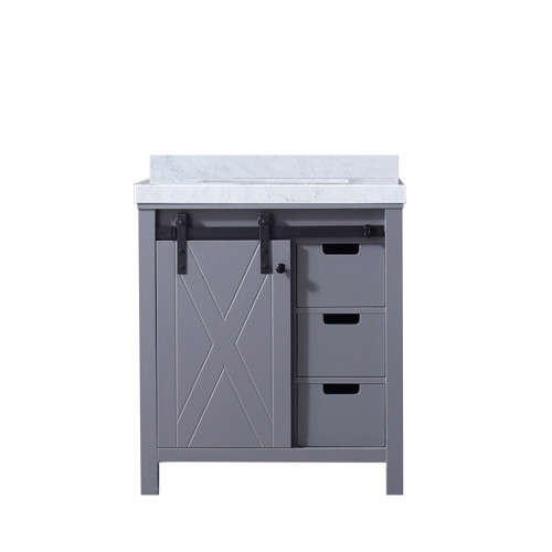Lexora Marsyas 30 Inch Dark Grey Single Vanity Cabinet, White Carrara Marble Top, White Square Sink and no Mirror