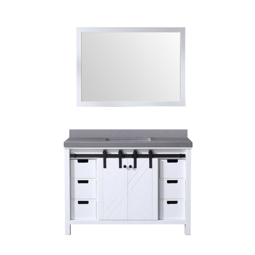 Lexora Marsyas 48 Inch White Single Vanity Cabinet, Grey Quartz Top, White Square Sink and 44 Inch Mirror