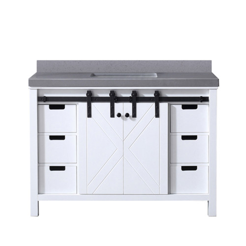 Lexora Marsyas 48 Inch White Single Vanity Cabinet, Grey Quartz Top, White Square Sink and no Mirror