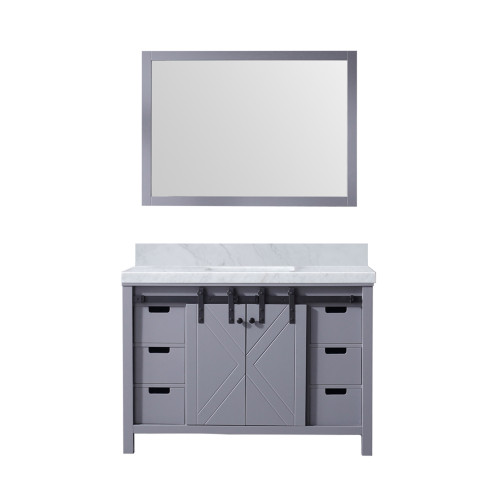 Lexora Marsyas 48 Inch Dark Grey Single Vanity Cabinet, White Carrara Marble Top, White Square Sink and 44 Inch Mirror