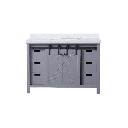 Lexora Marsyas 48 Inch Dark Grey Single Vanity Cabinet, White Carrara Marble Top, White Square Sink and no Mirror