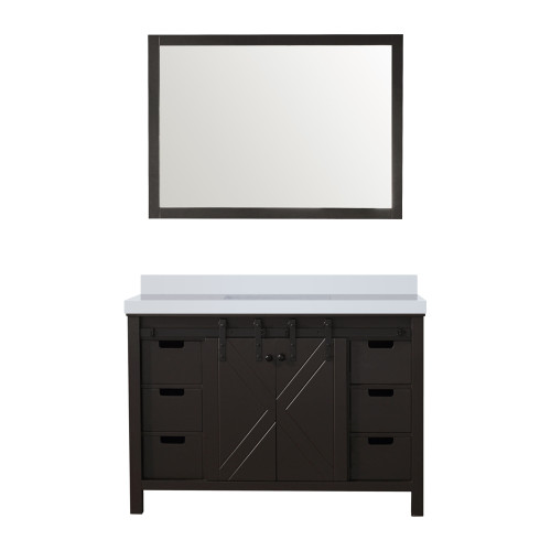 Lexora Marsyas 48 Inch Brown Single Vanity Cabinet, White Quartz Top, White Square Sink and 44 Inch Mirror