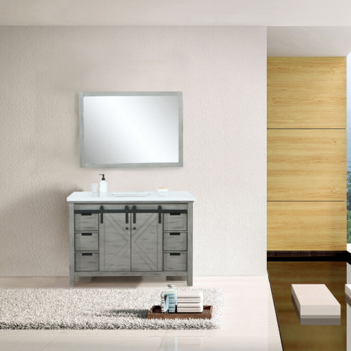 Lexora Marsyas 48 Inch Ash Grey Single Vanity, White Quartz Top, White Square Sink and 44 Inch Mirror