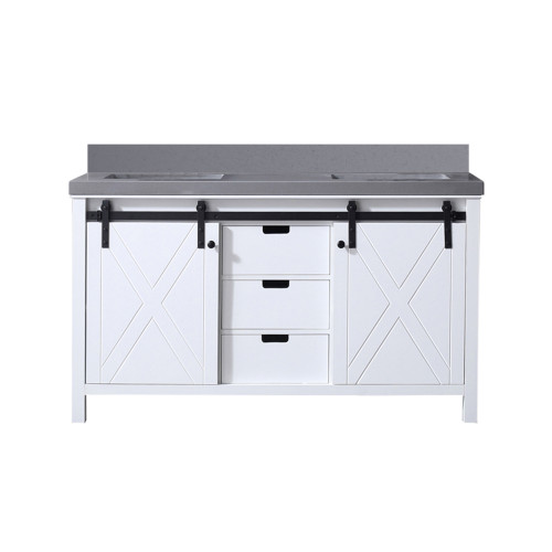 Lexora Marsyas 60 Inch White Double Vanity Cabinet, Grey Quartz Top, White Square Sinks and no Mirror