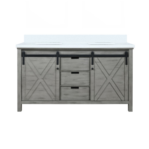 Lexora Marsyas 60 Inch Ash Grey Double Vanity Cabinet, White Quartz Top, White Square Sinks and no Mirror