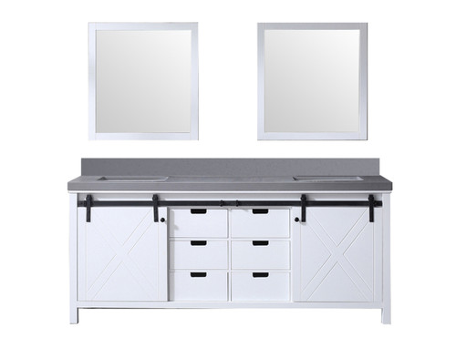 Lexora Marsyas 80 Inch White Double Vanity Cabinet, Grey Quartz Top, White Square Sinks and 30 Inch Mirrors