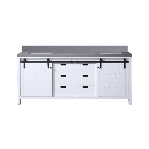 Lexora Marsyas 80 Inch White Double Vanity Cabinet, Grey Quartz Top, White Square Sinks and no Mirror