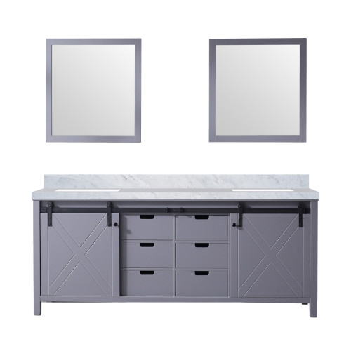 Lexora Marsyas 80 Inch Dark Grey Double Vanity Cabinet, White Carrara Marble Top, White Square Sinks and 30 Inch Mirrors