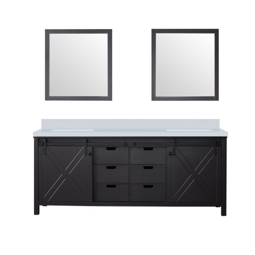 Lexora Marsyas 80 Inch Brown Double Vanity Cabinet, White Quartz Top, White Square Sinks and 30 Inch Mirrors