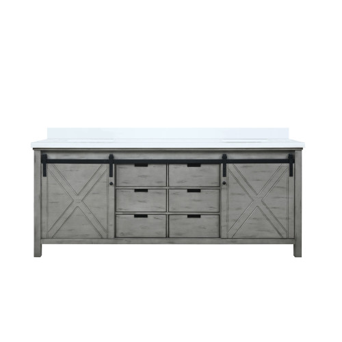 Lexora Marsyas 80 Inch Ash Grey Double Vanity Cabinet, White Quartz Top, White Square Sinks and no Mirror
