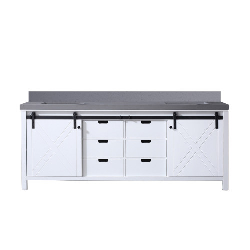 Lexora Marsyas 84 Inch White Double Vanity Cabinet, Grey Quartz Top, White Square Sinks and no Mirror