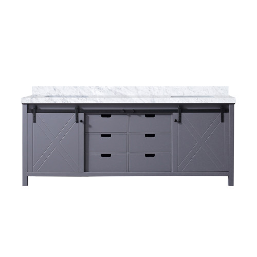 Lexora Marsyas 84 Inch Dark Grey Double Vanity Cabinet, White Carrara Marble Top, White Square Sinks and no Mirror