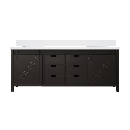 Lexora Marsyas 84 Inch Brown Double Vanity Cabinet, White Quartz Top, White Square Sinks and no Mirror