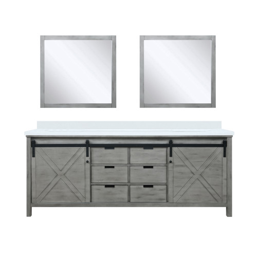 Lexora Marsyas 84 Inch Ash Grey Double Vanity Cabinet, White Quartz Top, White Square Sinks and 34 Inch Mirrors