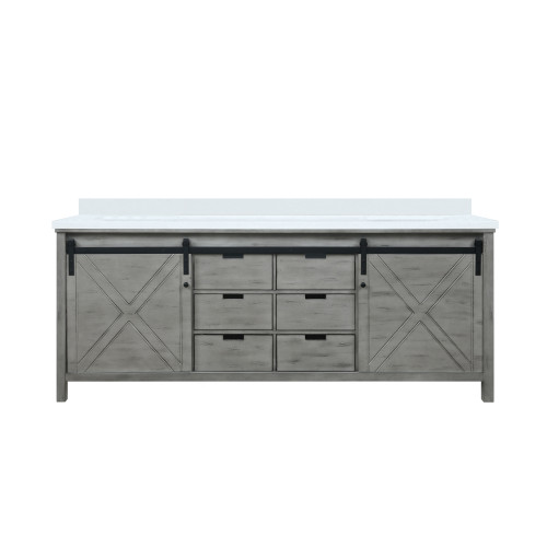 Lexora Marsyas 84 Inch Ash Grey Double Vanity Cabinet, White Quartz Top, White Square Sinks and no Mirror