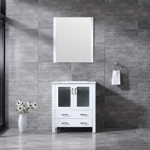 Lexora Volez 30 Inch White Single Vanity, Integrated Top, White Integrated Square Sink and 28 Inch Mirror