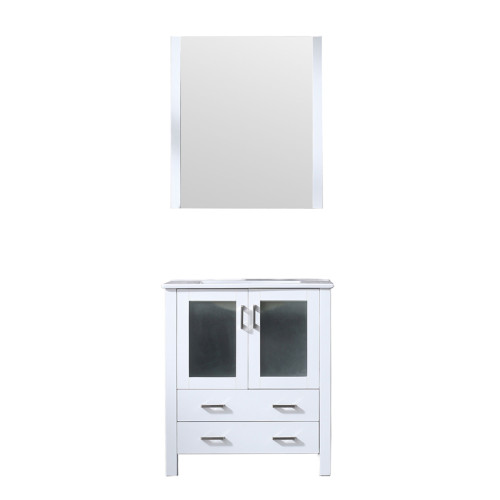 Lexora Volez 30 Inch White Single Vanity Cabinet, Integrated Top, White Integrated Square Sink and 28 Inch Mirror
