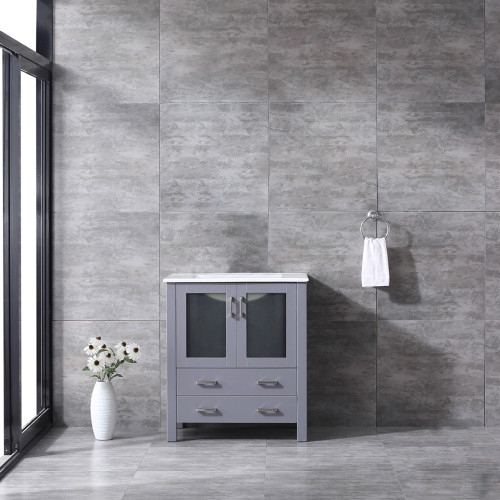 Lexora Volez 30 Inch Dark Grey Single Vanity, Integrated Top, White Integrated Square Sink and no Mirror