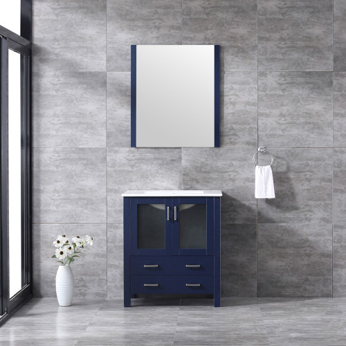 Lexora Volez 30 Inch Navy Blue Single Vanity, Integrated Top, White Integrated Square Sink and 28 Inch Mirror