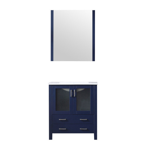 Lexora Volez 30 Inch Navy Blue Single Vanity Cabinet, Integrated Top, White Integrated Square Sink and 28 Inch Mirror