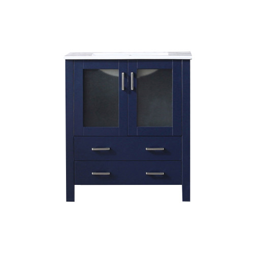 Lexora Volez 30 Inch Navy Blue Single Vanity Cabinet, Integrated Top, White Integrated Square Sink and no Mirror