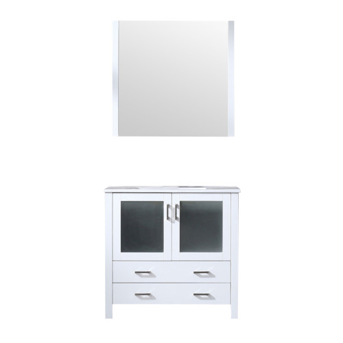 Lexora Volez 36 Inch White Single Vanity Cabinet, Integrated Top, White Integrated Square Sink and 34 Inch Mirror