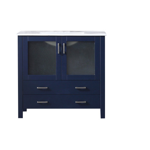 Lexora Volez 36 Inch Navy Blue Single Vanity Cabinet, Integrated Top, White Integrated Square Sink and no Mirror