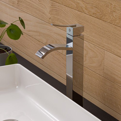ALFI Tall Polished Chrome Tall Square Body Curved Spout Single Lever Bathroom Faucet - AB1158-PC