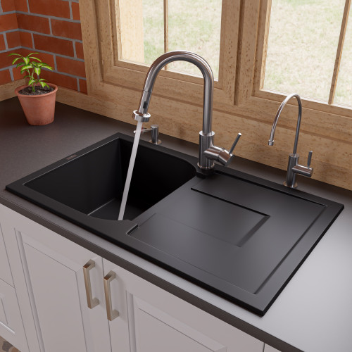 ALFI Black 34" x 20" Single Bowl Granite Composite Kitchen Sink with Drainboard - AB1620DI-BLA