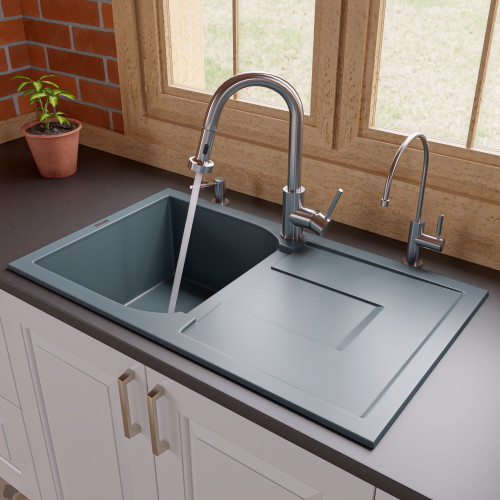 ALFI Titanium 34" x 20" Single Bowl Granite Composite Kitchen Sink with Drainboard - AB1620DI-T