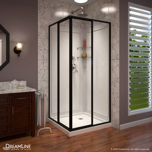DreamLine Cornerview 36 in. D x 36 in. W Framed Sliding Shower Enclosure, Shower Base and Acrylic Backwall Kit in Satin Black