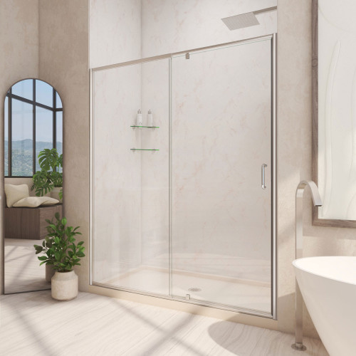 DreamLine Flex 34 in. D x 42 in. W x 74 3/4 in. H Semi-Frameless Shower Door in Brushed Nickel with Center Drain Biscuit Base Kit