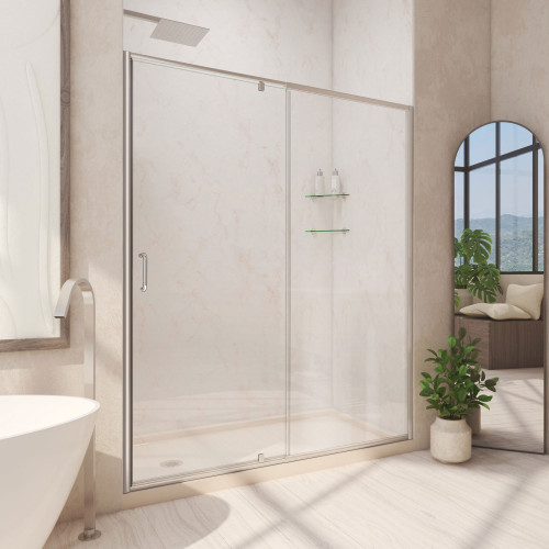 DreamLine Flex 30 in. D x 60 in. W x 74 3/4 in. H Semi-Frameless Shower Door in Brushed Nickel with Left Drain Biscuit Base Kit