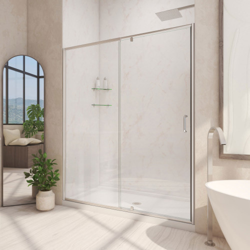 DreamLine Flex 34 in. D x 60 in. W x 74 3/4 in. H Semi-Frameless Shower Door in Brushed Nickel with Center Drain White Base Kit
