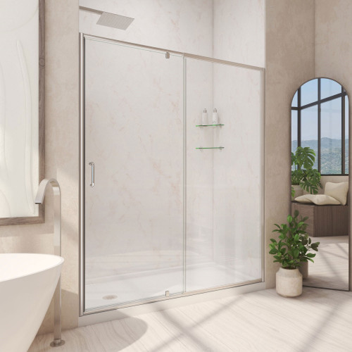 DreamLine Flex 36 in. D x 60 in. W x 74 3/4 in. H Semi-Frameless Shower Door in Brushed Nickel with Left Drain White Base Kit