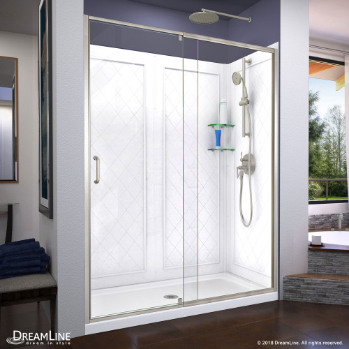 DreamLine Flex 32 in. D x 60 in. W x 76 3/4 in. H Semi-Frameless Shower Door in Brushed Nickel with Center Drain Base, Backwalls