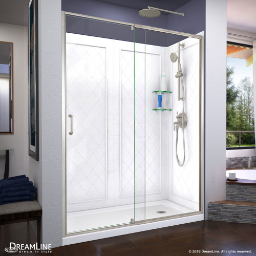 DreamLine Flex 32 in. D x 60 in. W x 76 3/4 in. H Semi-Frameless Shower Door in Brushed Nickel with Right Drain Base and Backwalls
