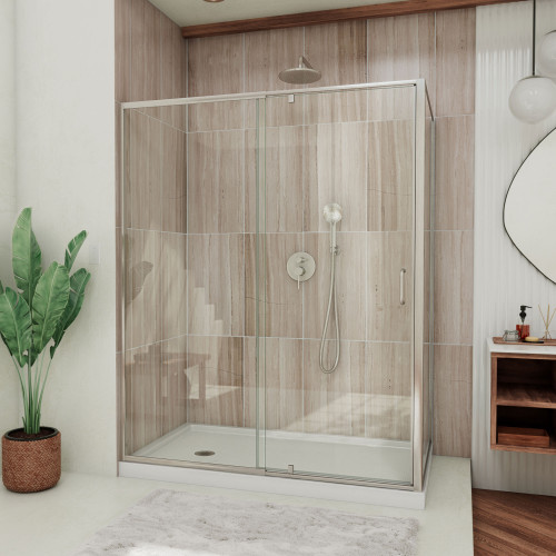 DreamLine Flex 36 in. D x 60 in. W x 74 3/4 in. H Semi-Frameless Shower Enclosure in Brushed Nickel with Left Drain White Base Kit
