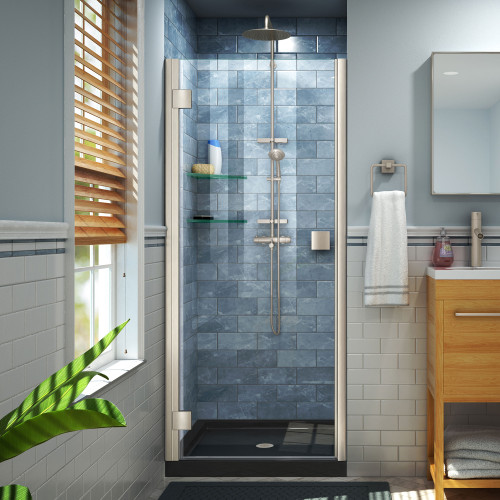 DreamLine Lumen 36 in. D x 42 in. W by 74 3/4 in. H Hinged Shower Door in Brushed Nickel with Black Acrylic Base Kit