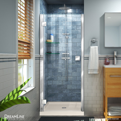 DreamLine Lumen 42 in. D x 42 in. W by 74 3/4 in. H Hinged Shower Door in Chrome with Biscuit Acrylic Base Kit