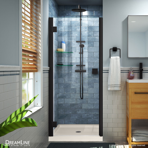 DreamLine Lumen 42 in. D x 42 in. W by 74 3/4 in. H Hinged Shower Door in Satin Black with Biscuit Acrylic Base Kit