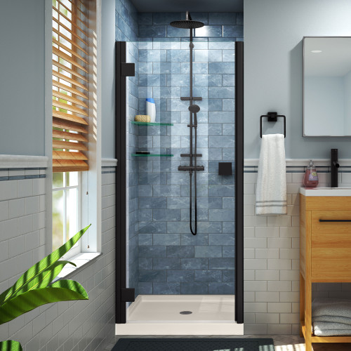 DreamLine Lumen 42 in. D x 42 in. W by 74 3/4 in. H Hinged Shower Door in Satin Black with Biscuit Acrylic Base Kit