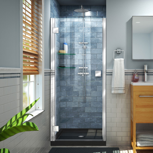 DreamLine Lumen 42 in. D x 42 in. W by 74 3/4 in. H Hinged Shower Door in Chrome with Black Acrylic Base Kit
