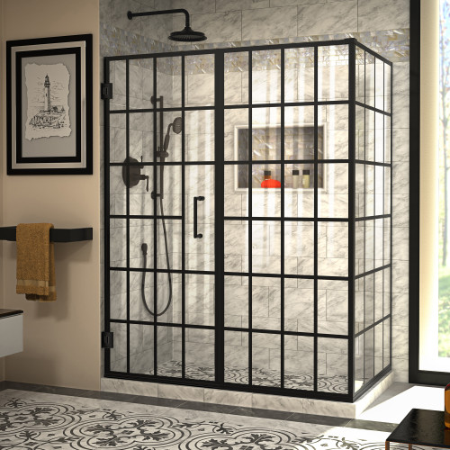 DreamLine Unidoor Toulon 34 in. D x 58 in. W x 72 in. H Frameless Hinged Shower Enclosure in Satin Black DreamLine Unidoor Toulon 34 in. D x 58 in. W x 72 in. H Frameless Hinged Shower Enclosure in Satin Black