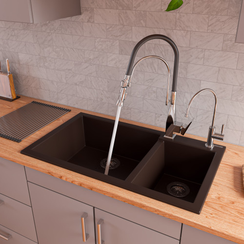 ALFI Chocolate 34" x 20" Double Bowl Drop In Granite Composite Kitchen Sink - AB3319DI-C