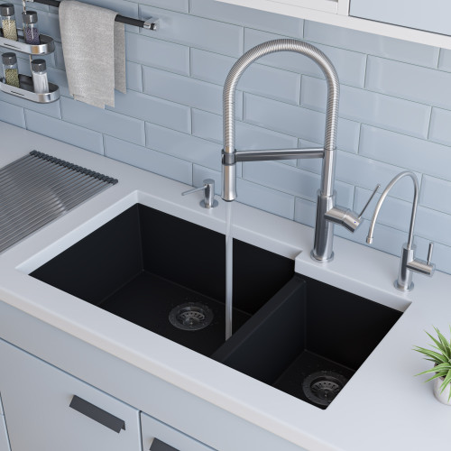 ALFI AB3319UM-BLA Black 34" x 19" Double Bowl Undermount Granite Composite Kitchen Sink