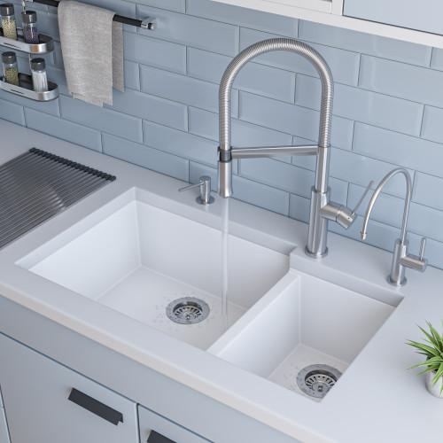 ALFI White 34" x 19" Double Bowl Undermount Granite Composite Kitchen Sink - AB3319UM-W