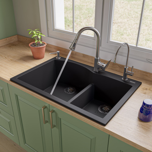 Alfi AB3320DI-BLA Black 33" x 22" Double Bowl Drop In Granite Composite Kitchen Sink