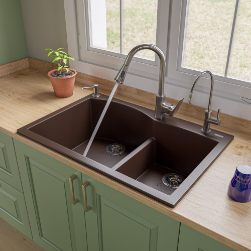 Alfi AB3320DI-C Chocolate 33" x 22" Double Bowl Drop In Granite Composite Kitchen Sink