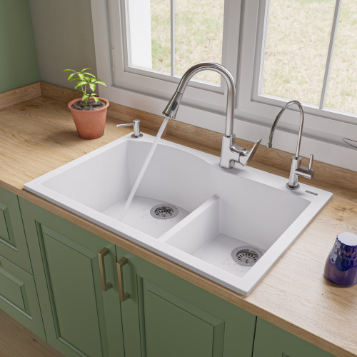 ALFI White 33" x 22" Double Bowl Drop In Granite Composite Kitchen Sink - AB3320DI-W